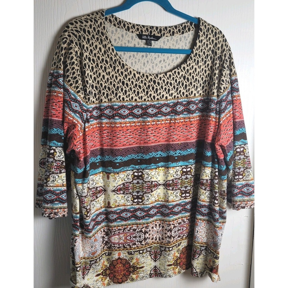 Ulla Popken Top 1XL  3/4 Sleeve Art To Wear Boho Western Casual Comfort Blouse